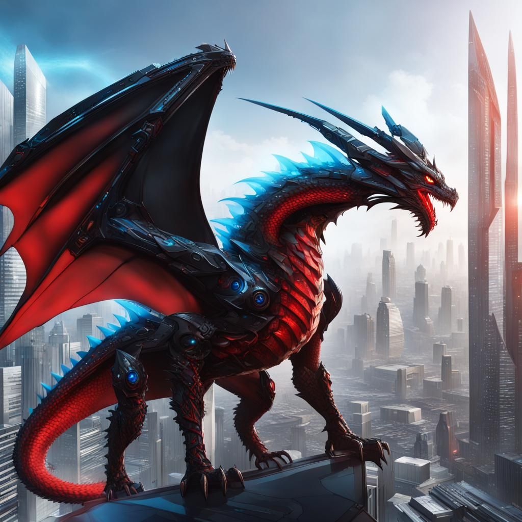 Futuristic Armored Red Dragon Over Cyberpunk City