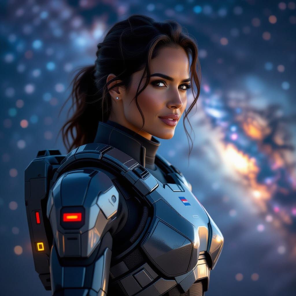 Gritty Soldier in Exosuit Against Cosmos Backdrop