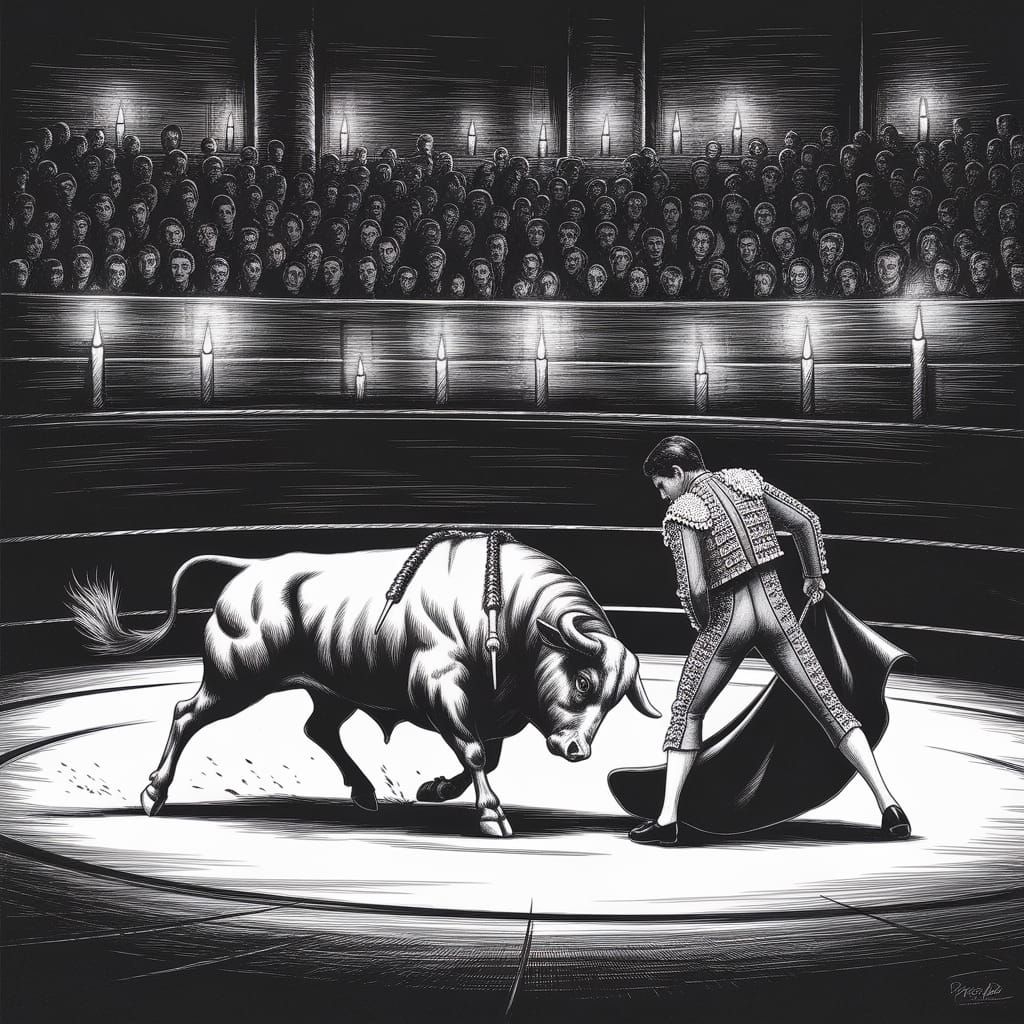 Dramatic Bullfight in Charcoal, Goya Style