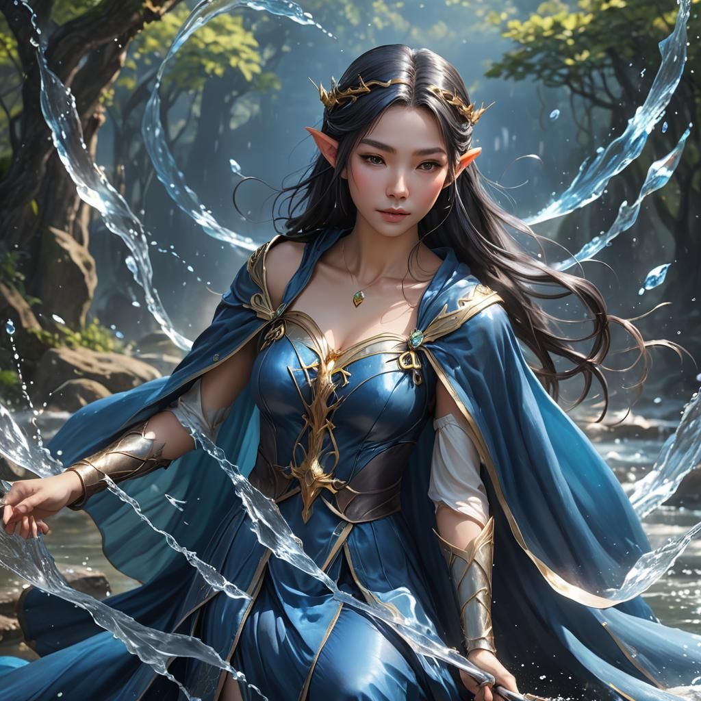 Elven Wizard Wielding Water, Anime Art