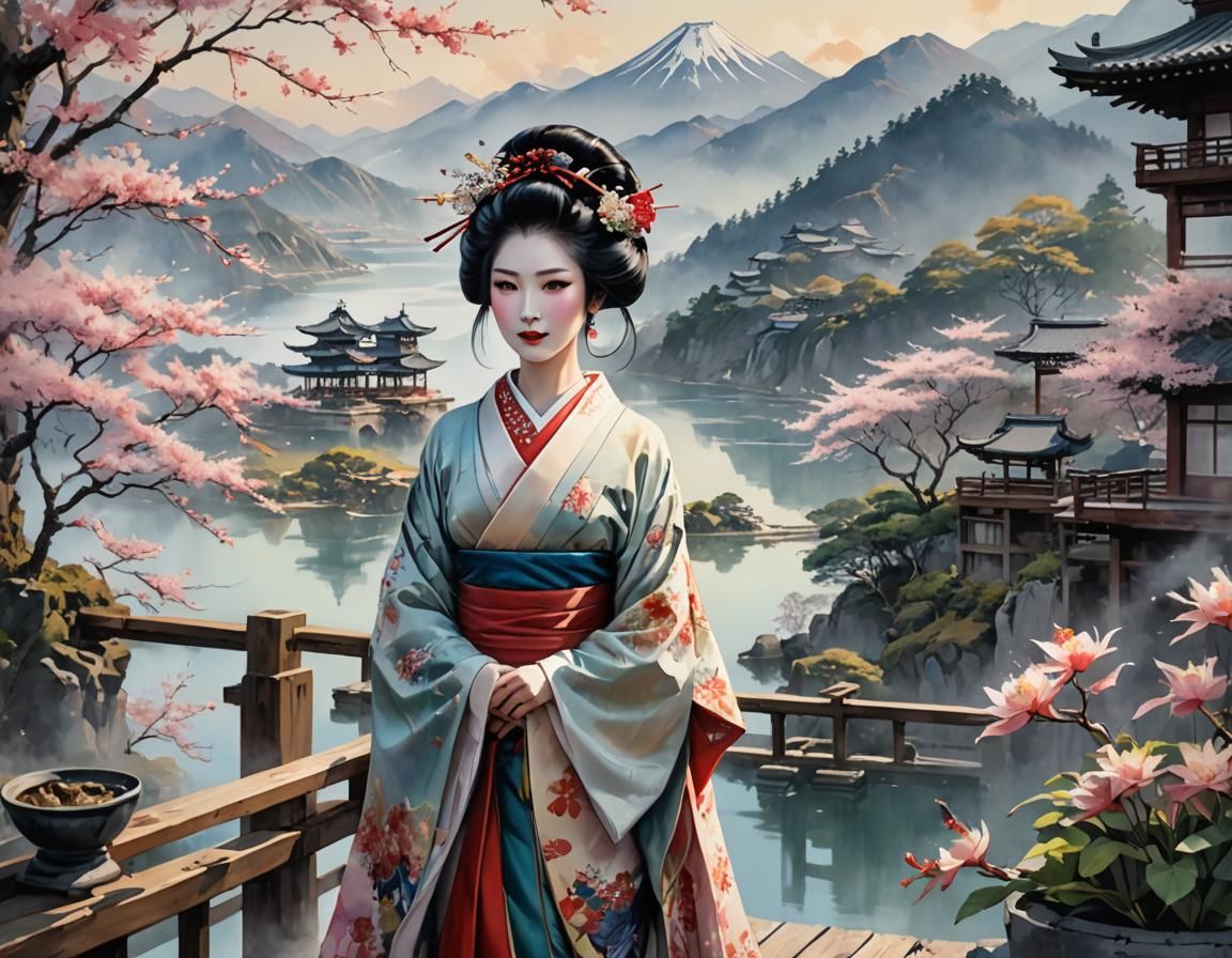 Smiling Geisha in Japanese Spring Landscape