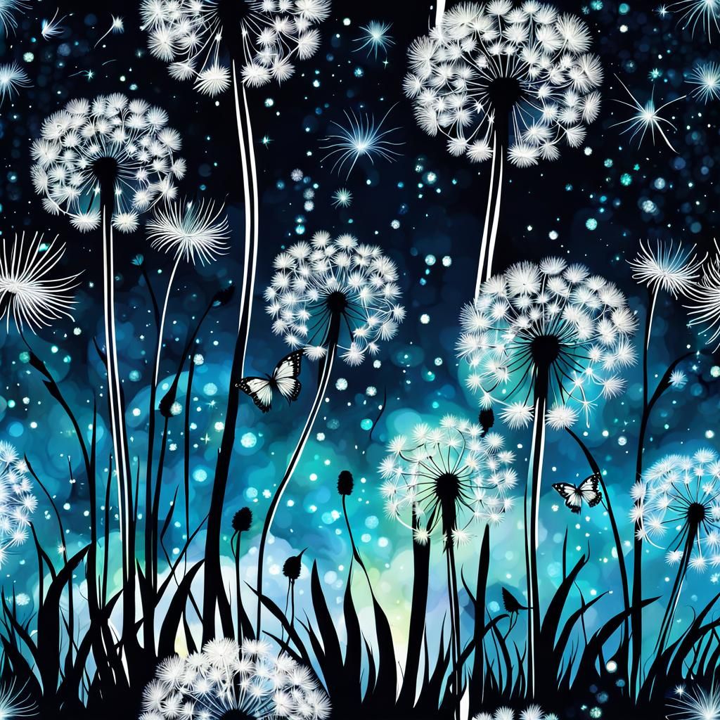 Magical Glowing Dandelion with Butterflies in Ink Drawing