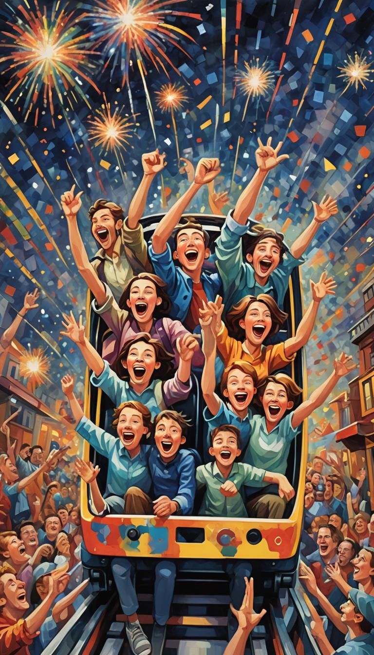 Excited People on Roller Coaster in Cubist Style