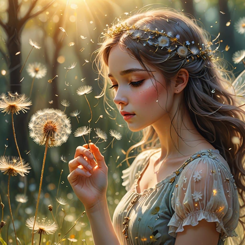 Fairy Blowing Dandelion in Dreamy Watercolor Style