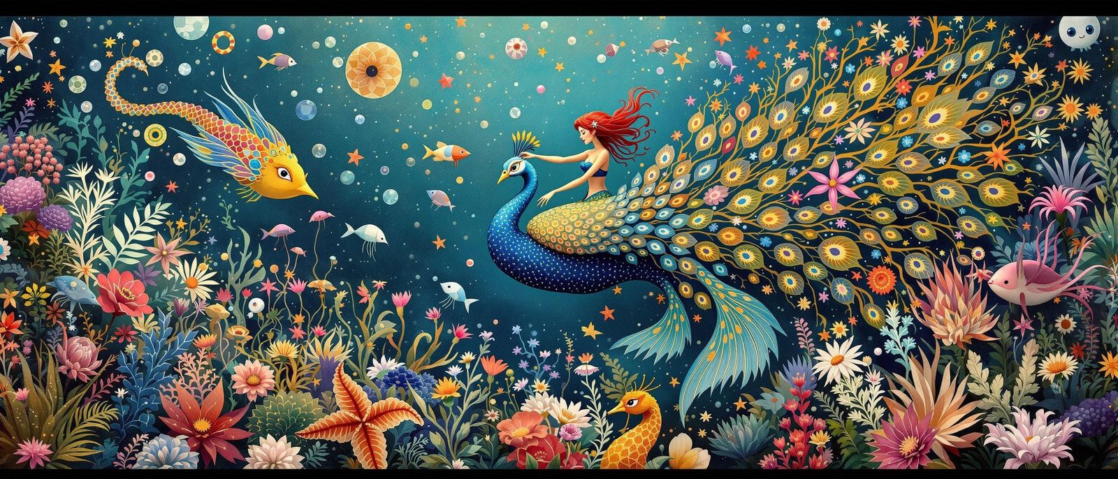 Mermaid Riding Peacock in Underwater Garden: Abstract Cubism