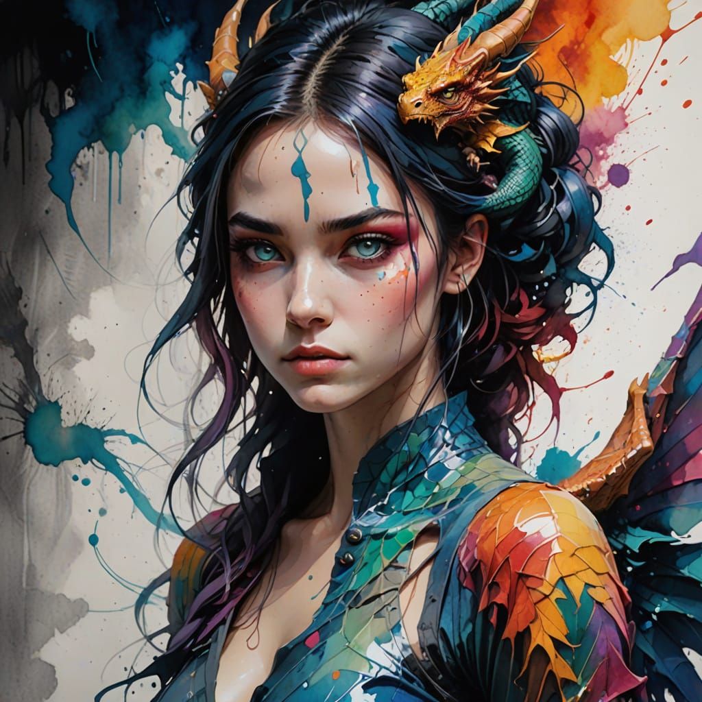 Elegant Dragon Girl in Stencil-Inspired Watercolor