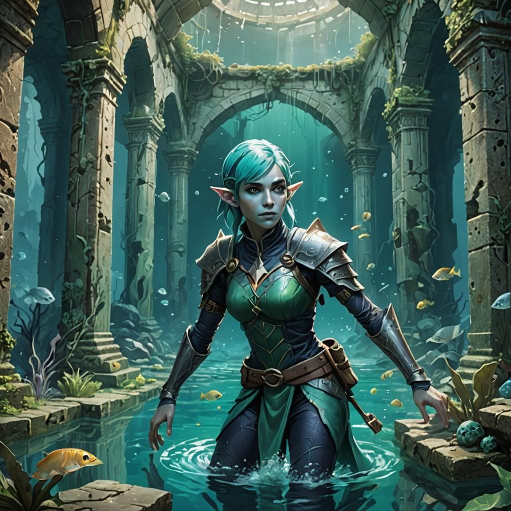 Underwater Elf Explorer in Sunken Ruins