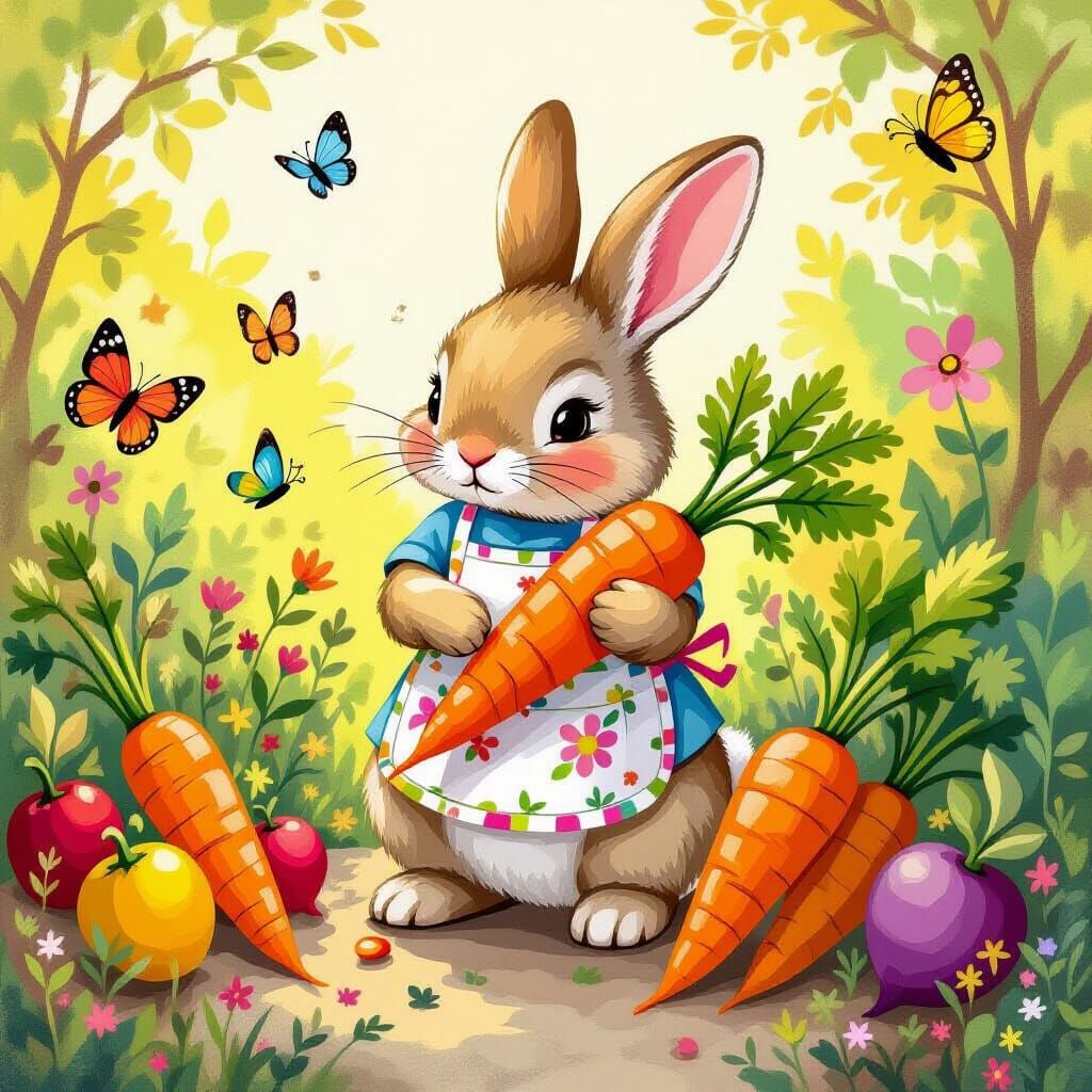 Bunny Nurturing Vegetables in Naive Art Style
