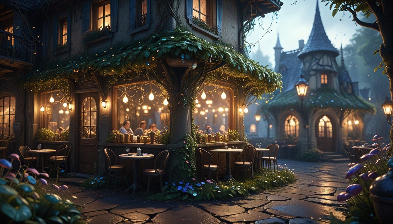 Fairy French Cafehouse Concept Art with Glowing Mushrooms