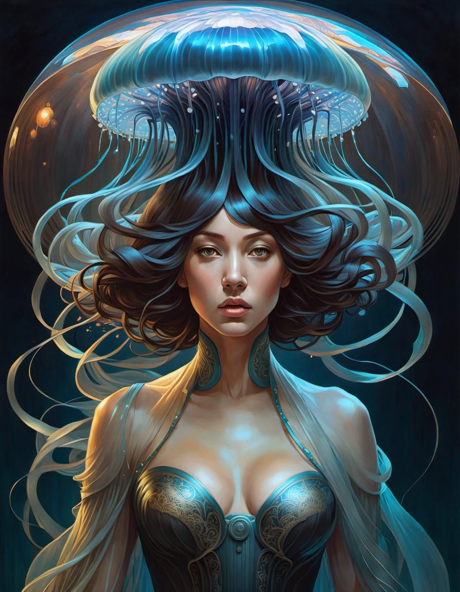 Woman's Metamorphosis into Jellyfish: Art Nouveau Portrait