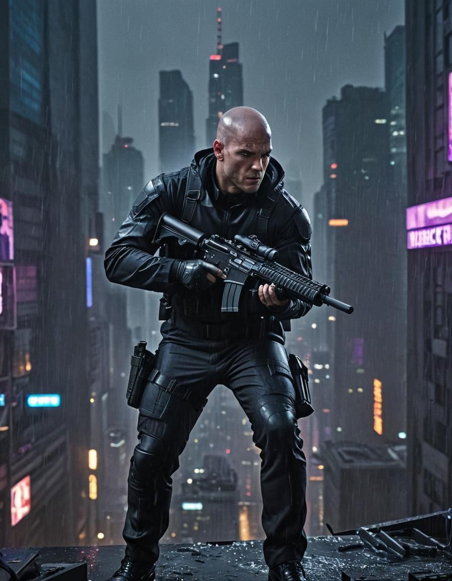 Scene: Rooftop confrontation at night, Subject: Hitman aimin...