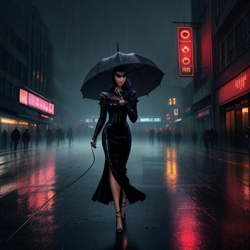 Elegant Lady Walking Panther in Cyberpunk Cityscape