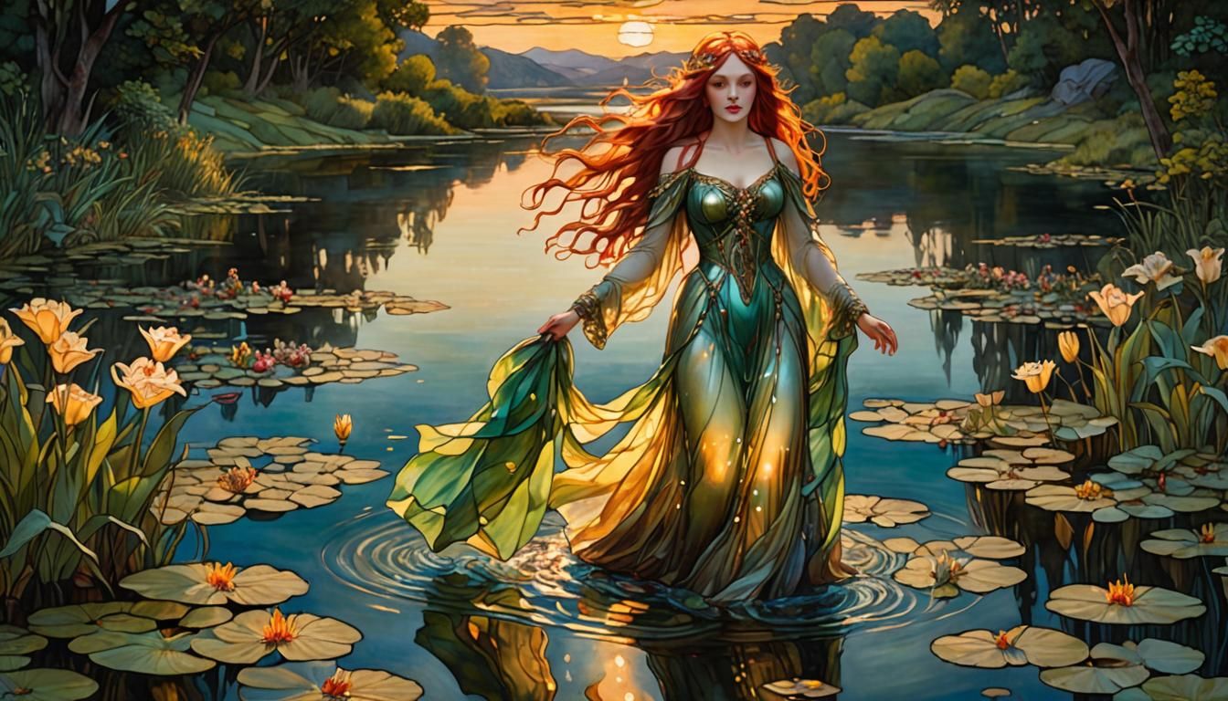 Rusalka in Stained Glass with Lilies