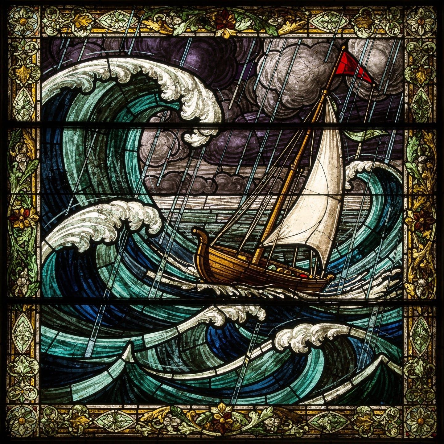 elaborate and ornate stain glass of the wind and rain, obviously blowing a small sailboat across very choppy waves. Show...