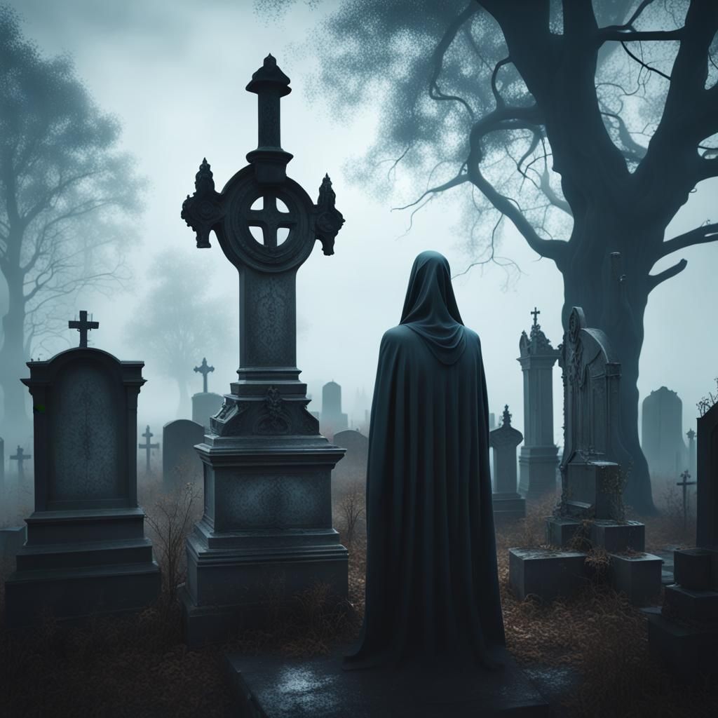 Foggy Cemetery with Ghostly Apparition