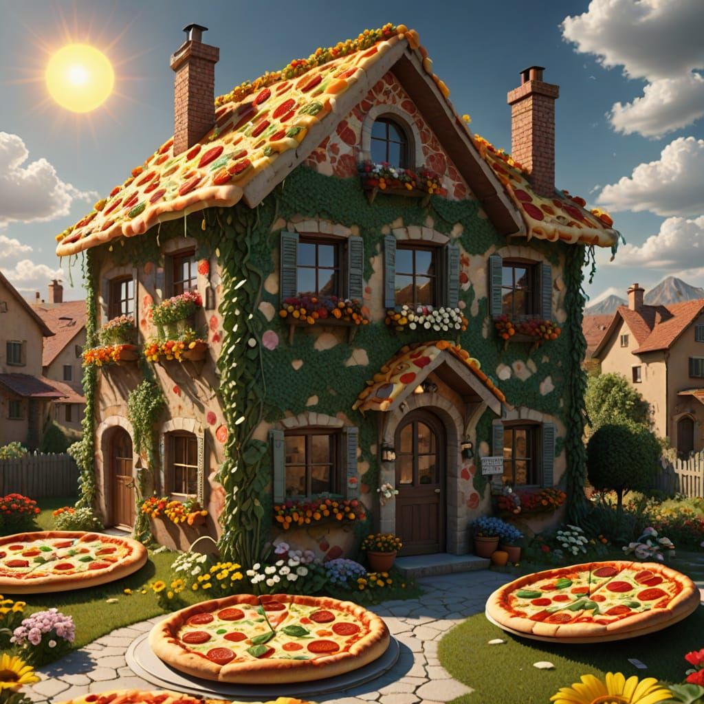 Surreal Pizza House with Pizza Flower Garden