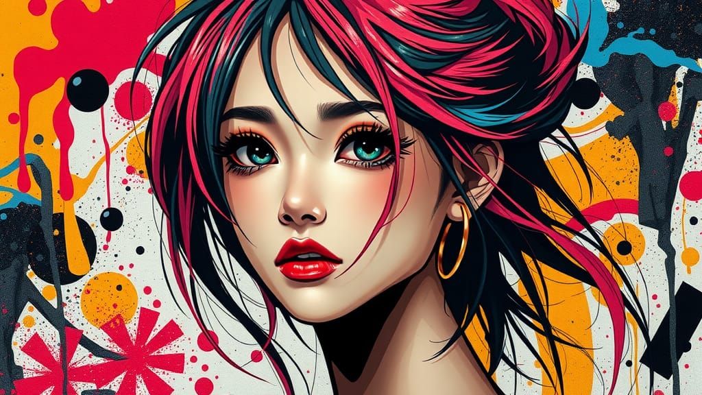 Anime Woman with Splatter Paint Backdrop in Pop Art