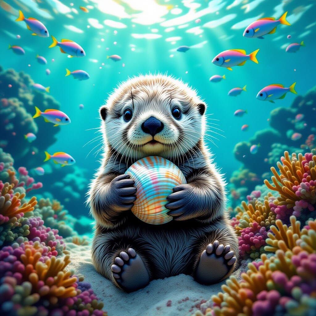 Baby Sea Otter with Seashell in Coral Reef