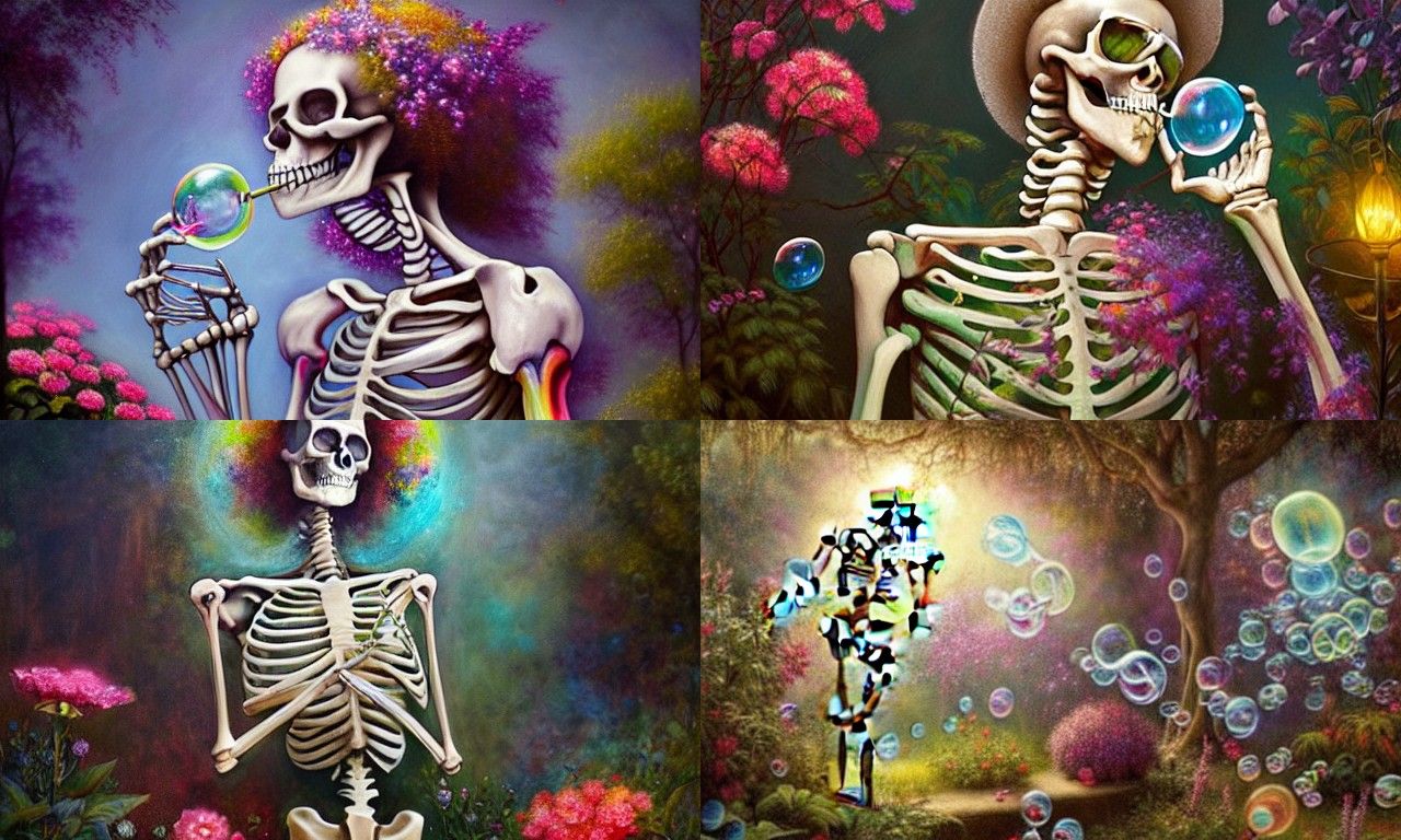 Skeleton Blowing Bubbles in Mystical Garden Art