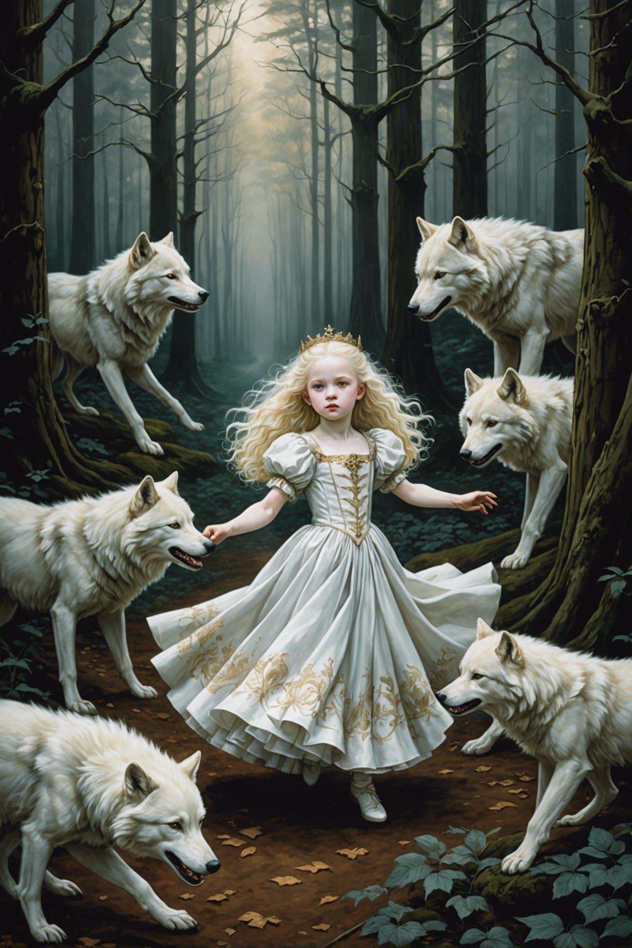 Albino Princess Dancing with Wolves, Gothic Illustration