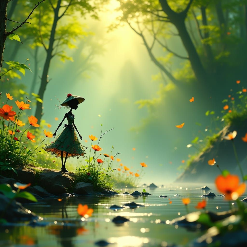 Whimsical Twig Folk Dance in Sunlit Forest Clearing