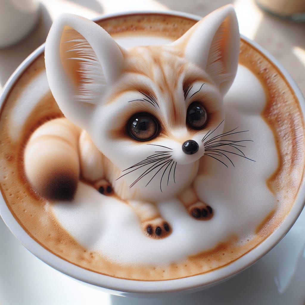 Fennec Fox Cappuccino Art in Sunny Cafe