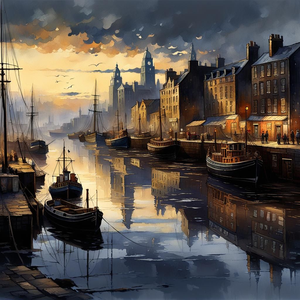 Liverpool Harbor Painting in Evening Light
