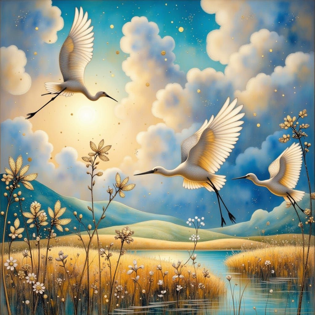 Egrets Flying Over Desert Rice Fields as Impressionist Art