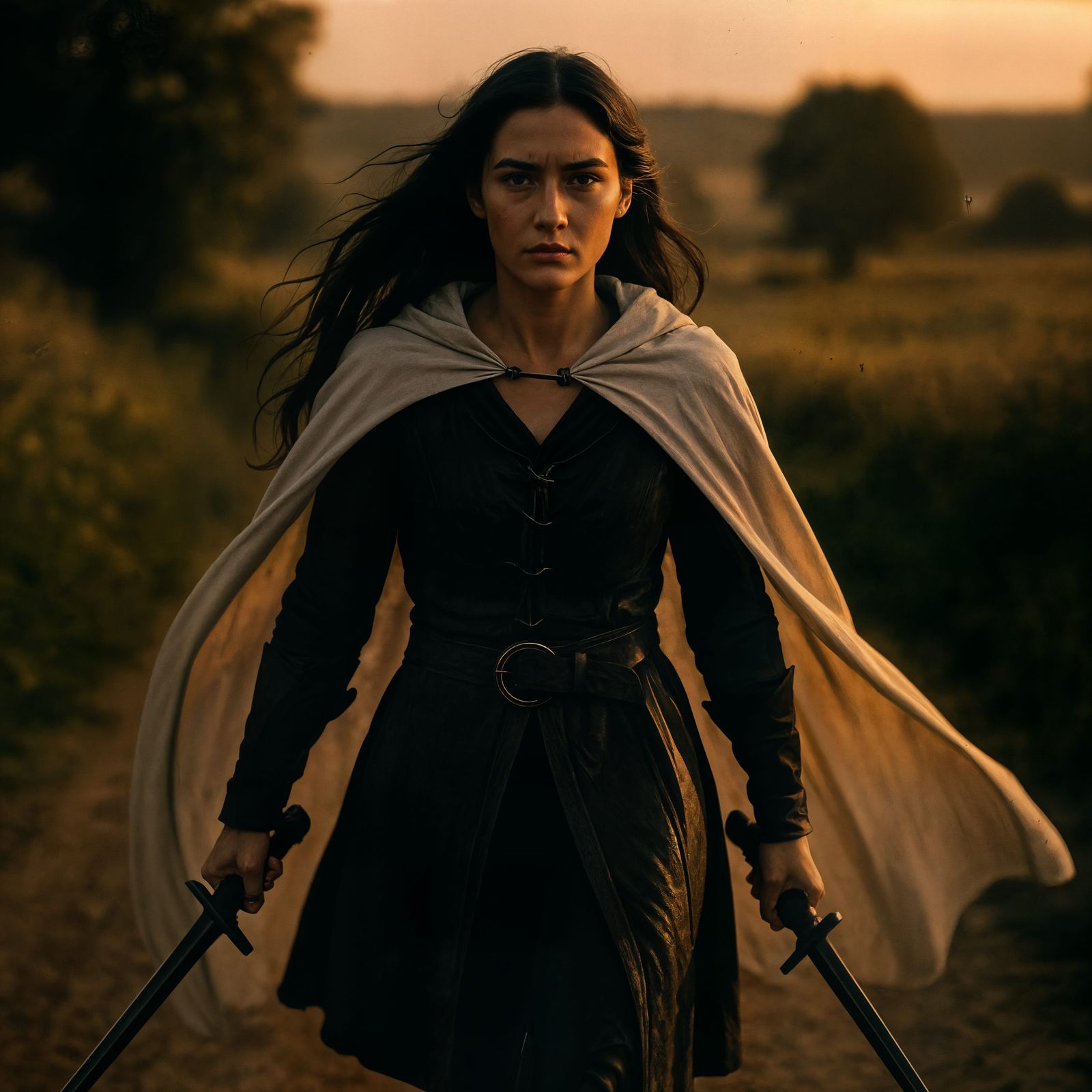 Medieval Woman Walks Road with Swords in Fantasy Setting