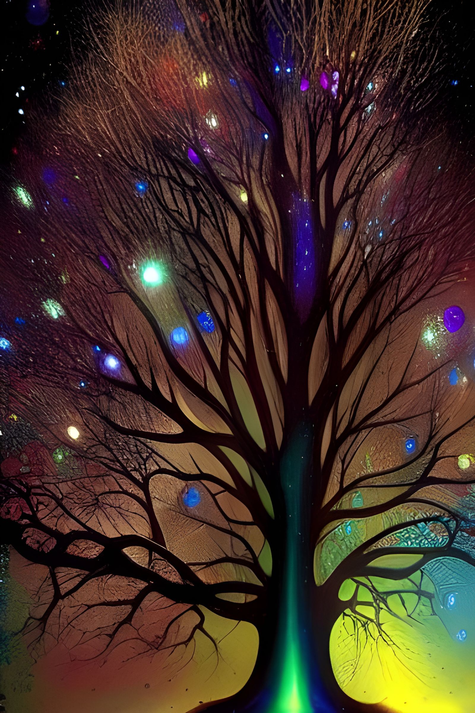 Glowing Tree of Magic in Dark Rainbow Colors