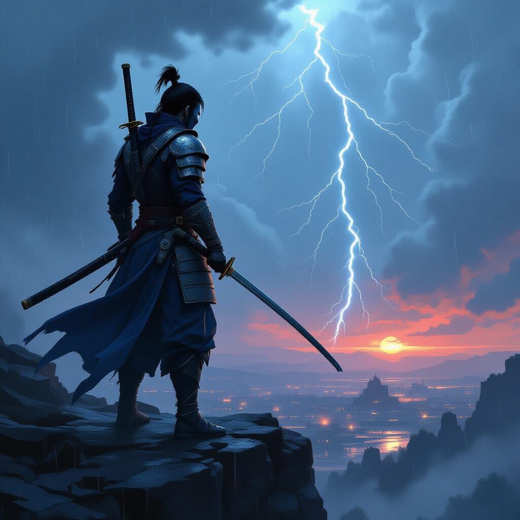 Ninja Overlooking Battlefield in Animated Style