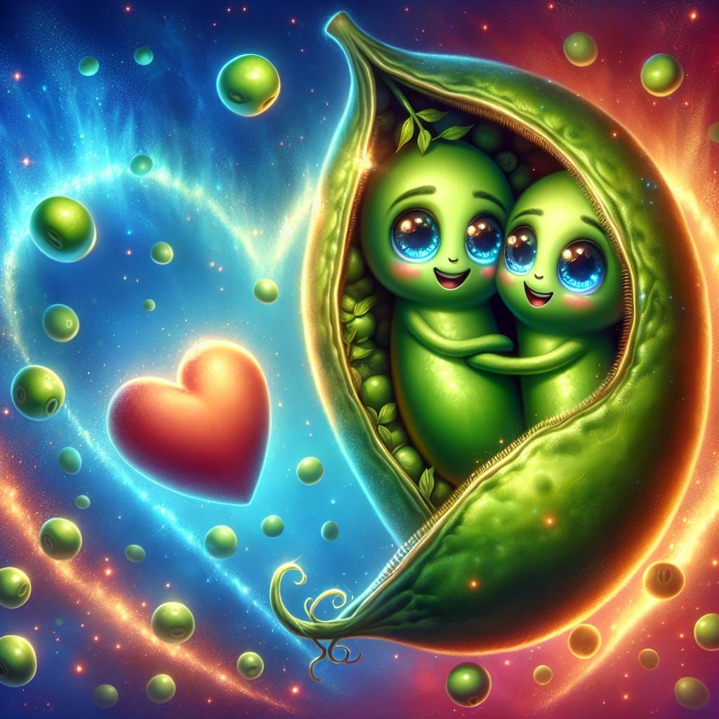 Two Smiling Peas Hugging in a Sparkling Pod