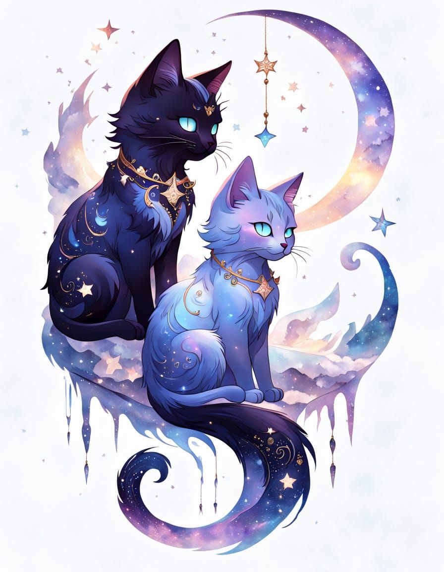 Moonlit Whimsy: Two Celestial Felines Embodied