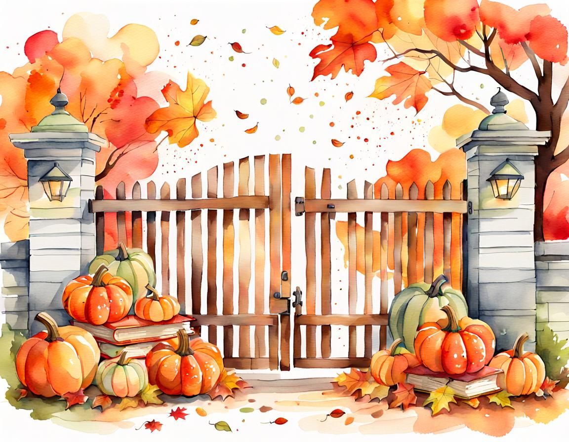 Warm Autumn Scene with Pumpkins in Watercolor