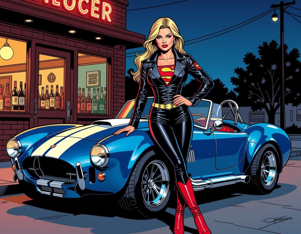 Supergirl Leans on Shelby Cobra in Comic Art Style