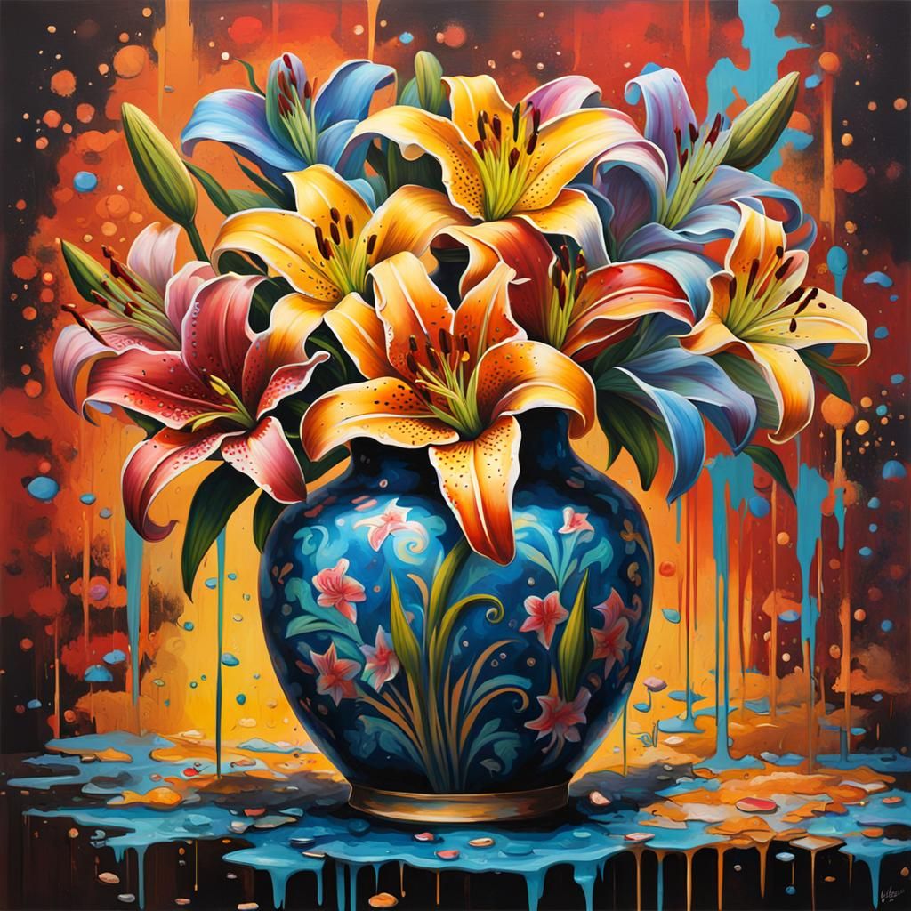 Lilies in Cloisonné Vase as Graffiti Art