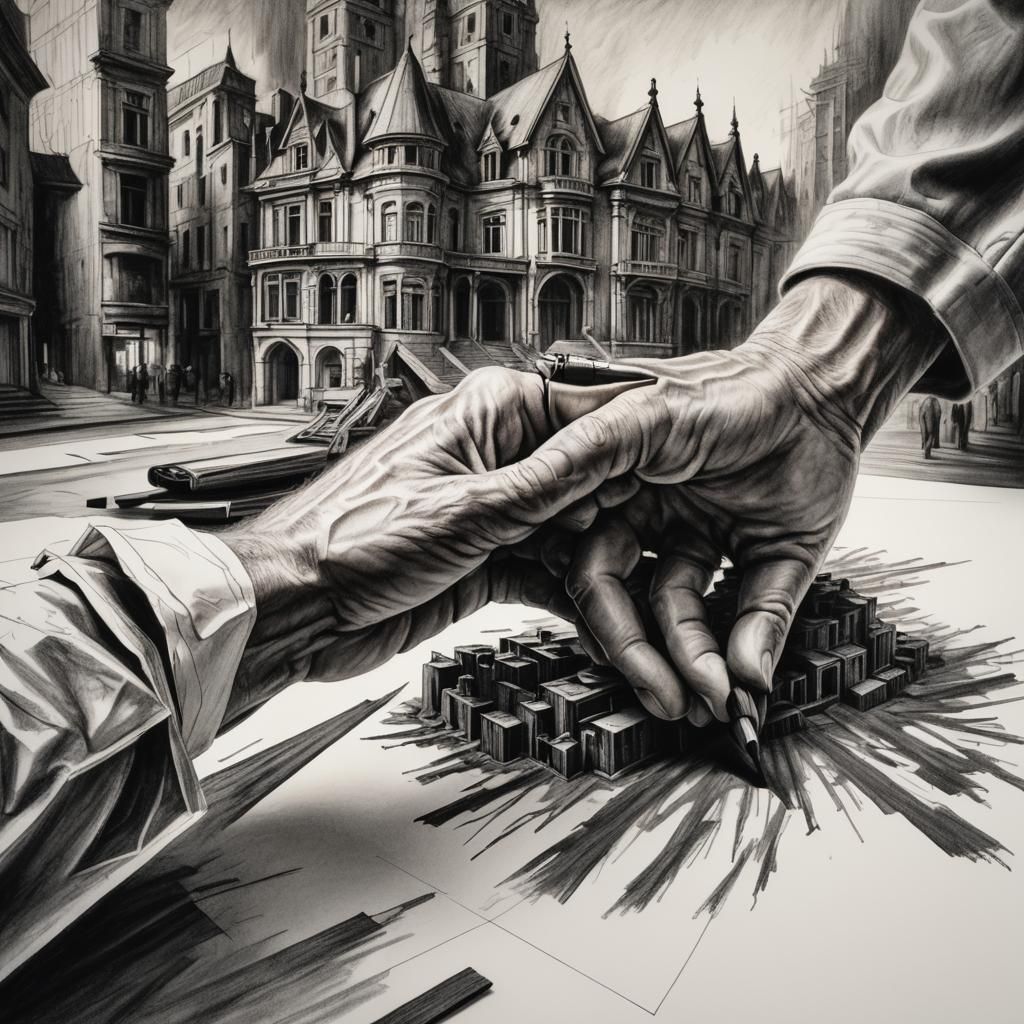 Detailed Charcoal Drawing of Architect Sketching Design