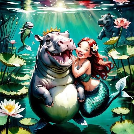 Adorable Hippo and Mermaid in Watercolor Fantasy