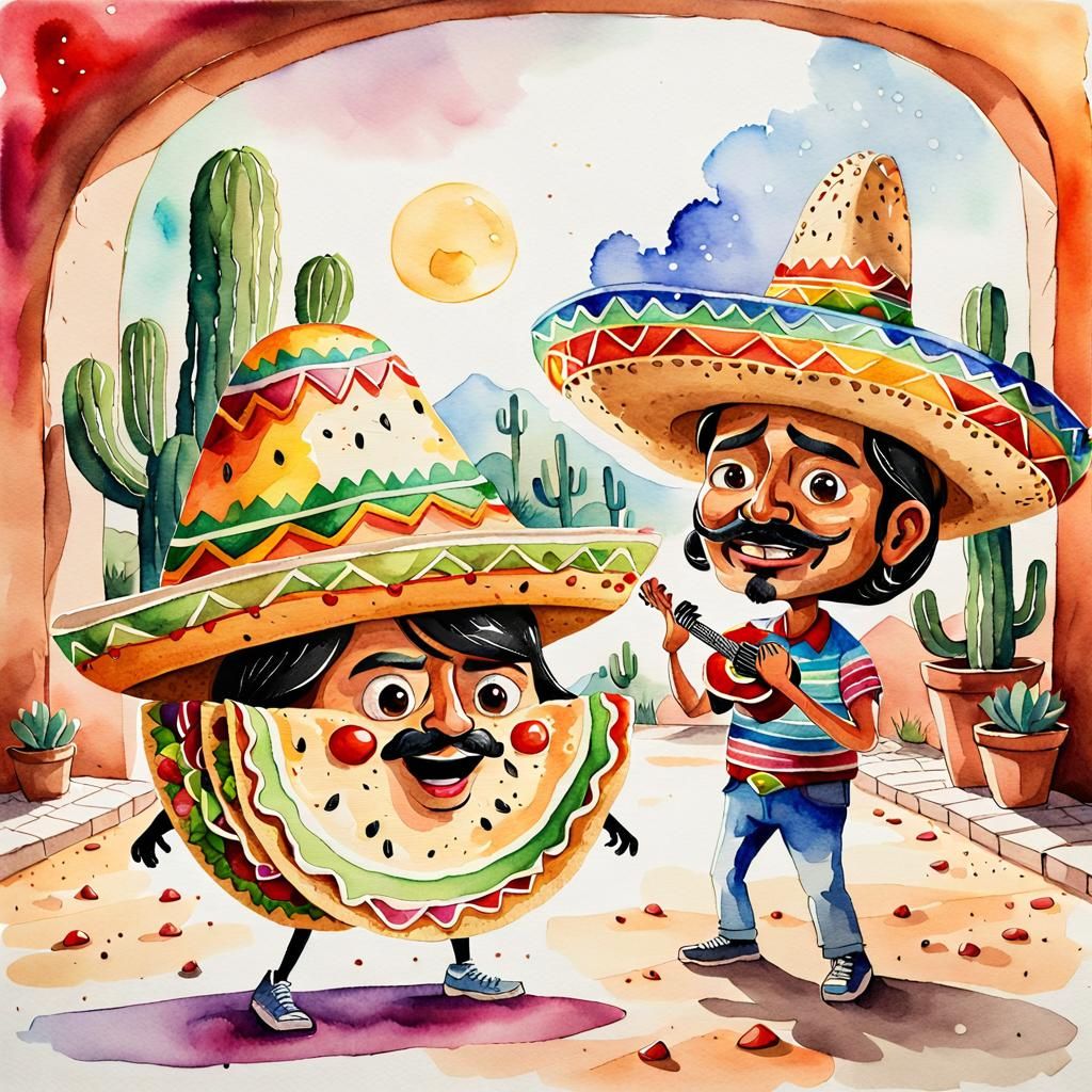 Cartoon Taco with Sombrero Serenaded, Watercolour Art
