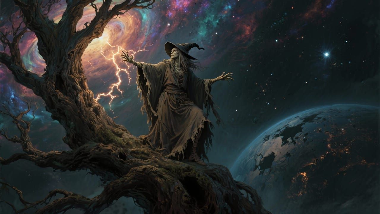 Witch Channels Cosmic Energy in Dark Fantasy Art