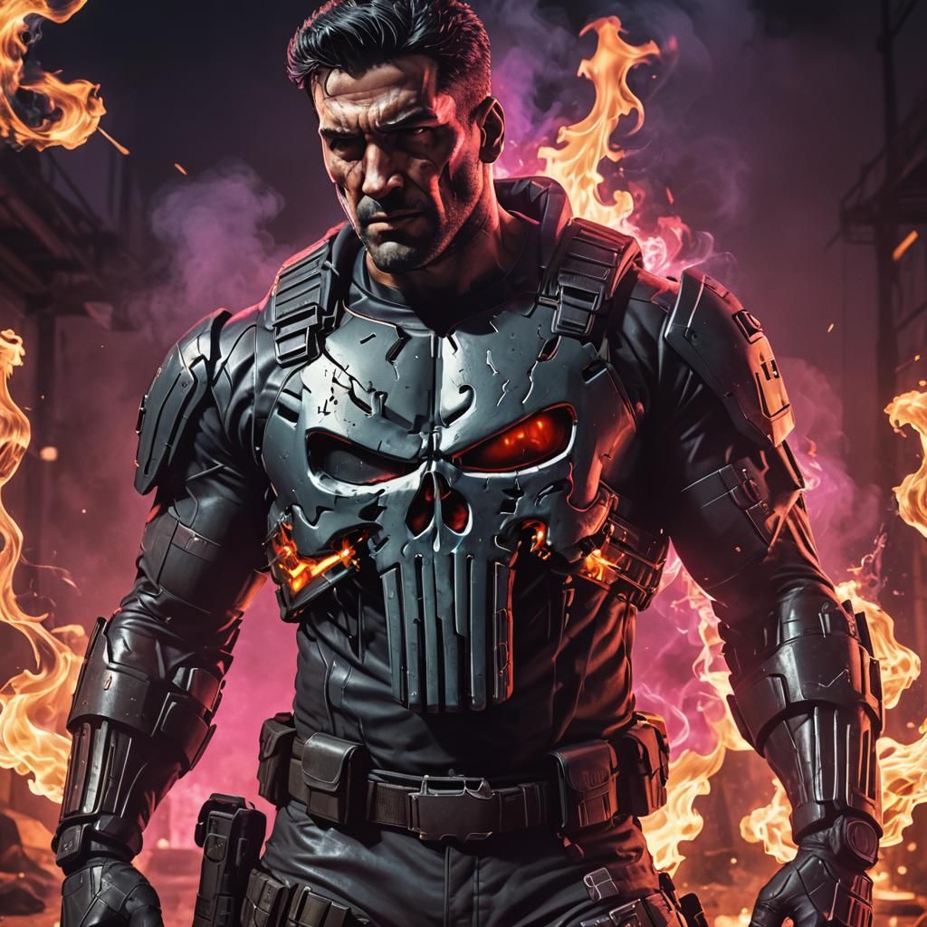 Punisher in Tactical Gear with Synthwave Background