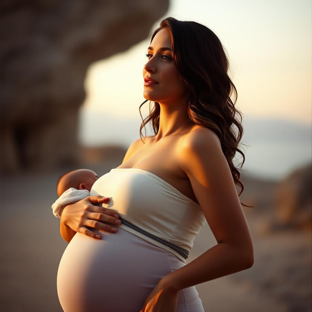 Pregnant Woman with Baby Carrier in Cinematic Style
