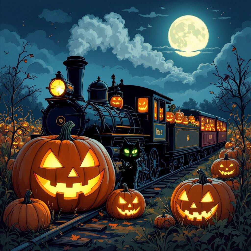Winter Train in Pumpkin Patch at Dusk, Gothic Illustration S...