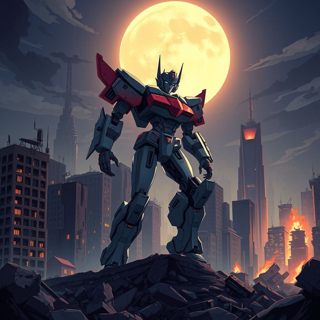 Feminine Robot Giantess Destroys City Under Full Moon