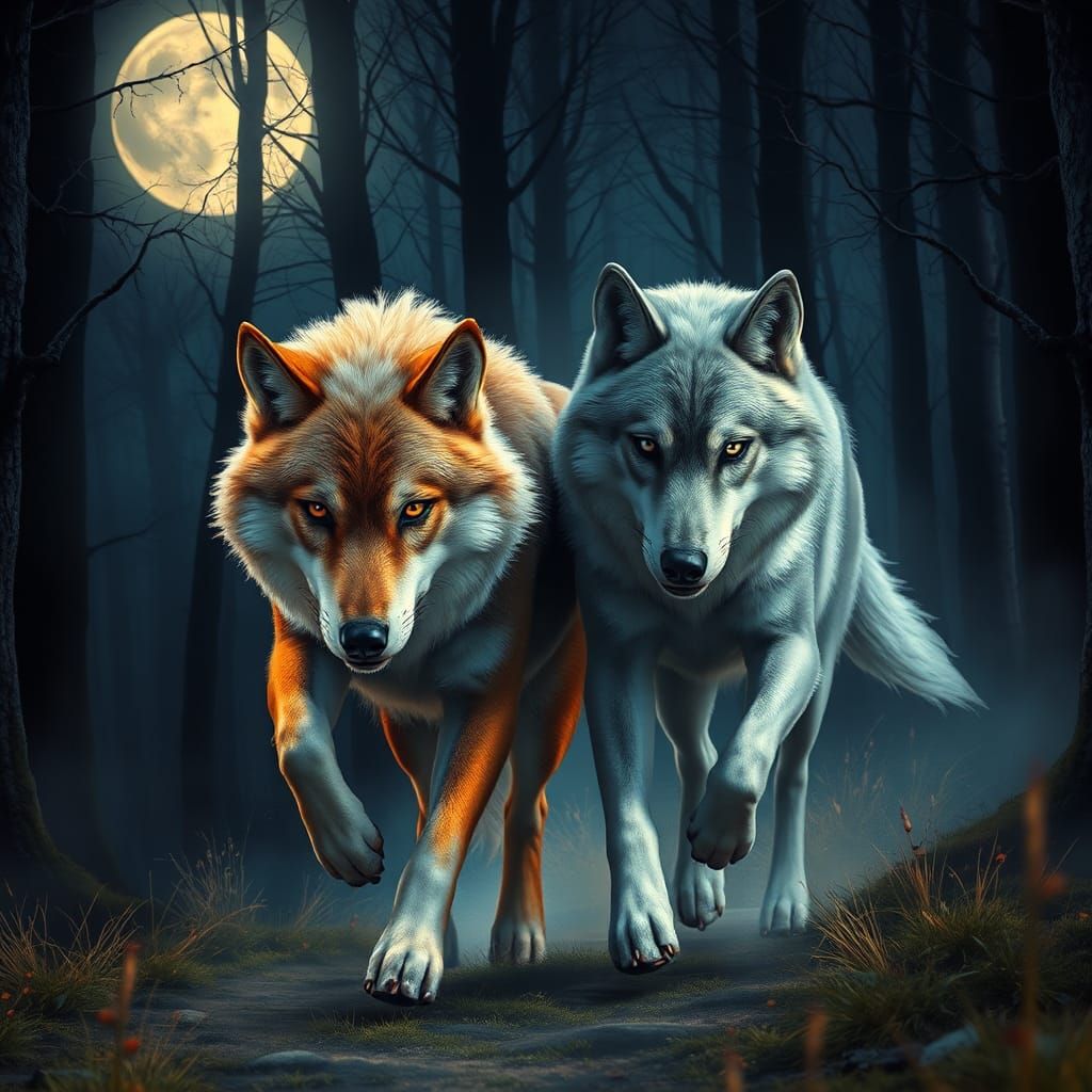 Wolves Running in Mystical Forest Matte Painting