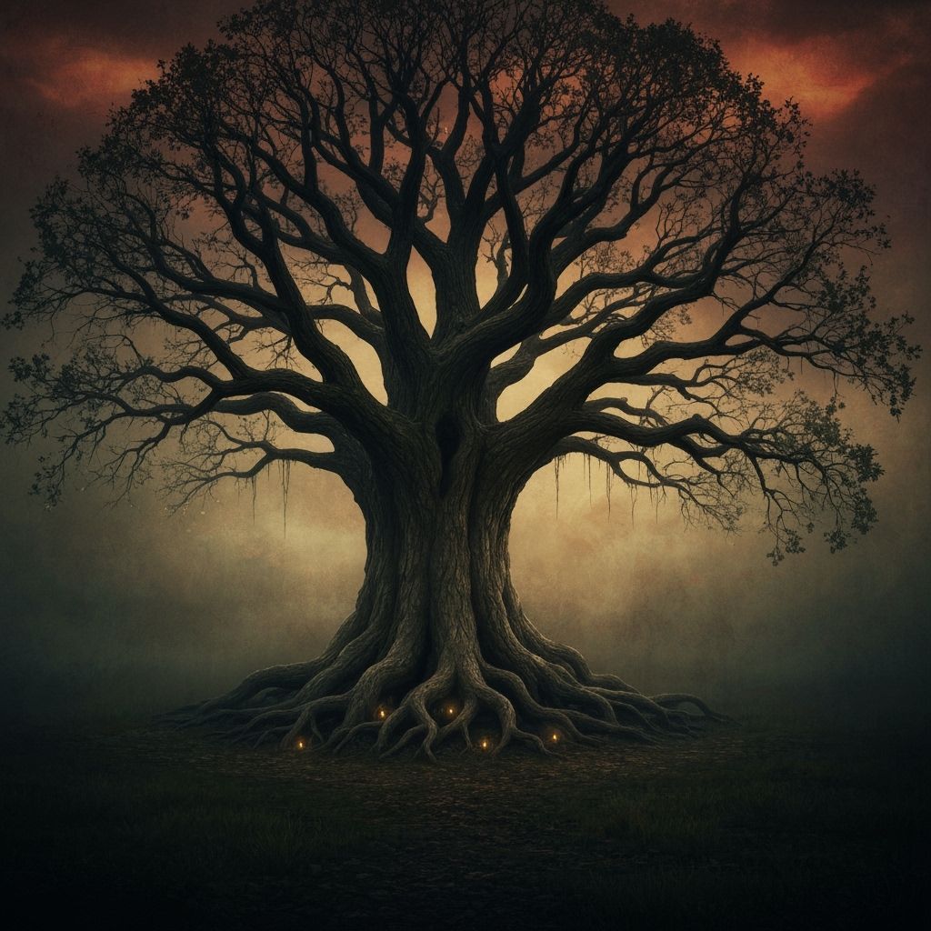 Ancient Oak Tree in Misty Clearing Under Twilight Sky