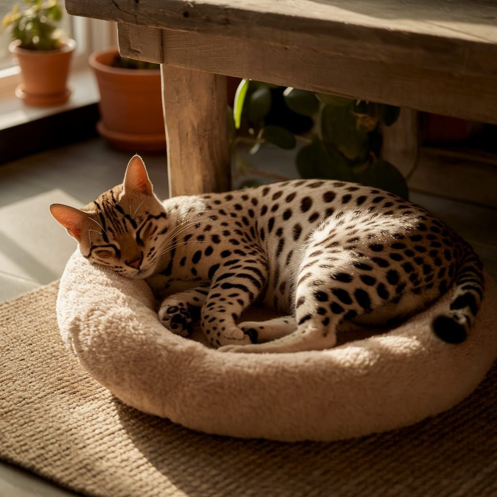 Sleek Ocelot Rests in Warmly Lit Room