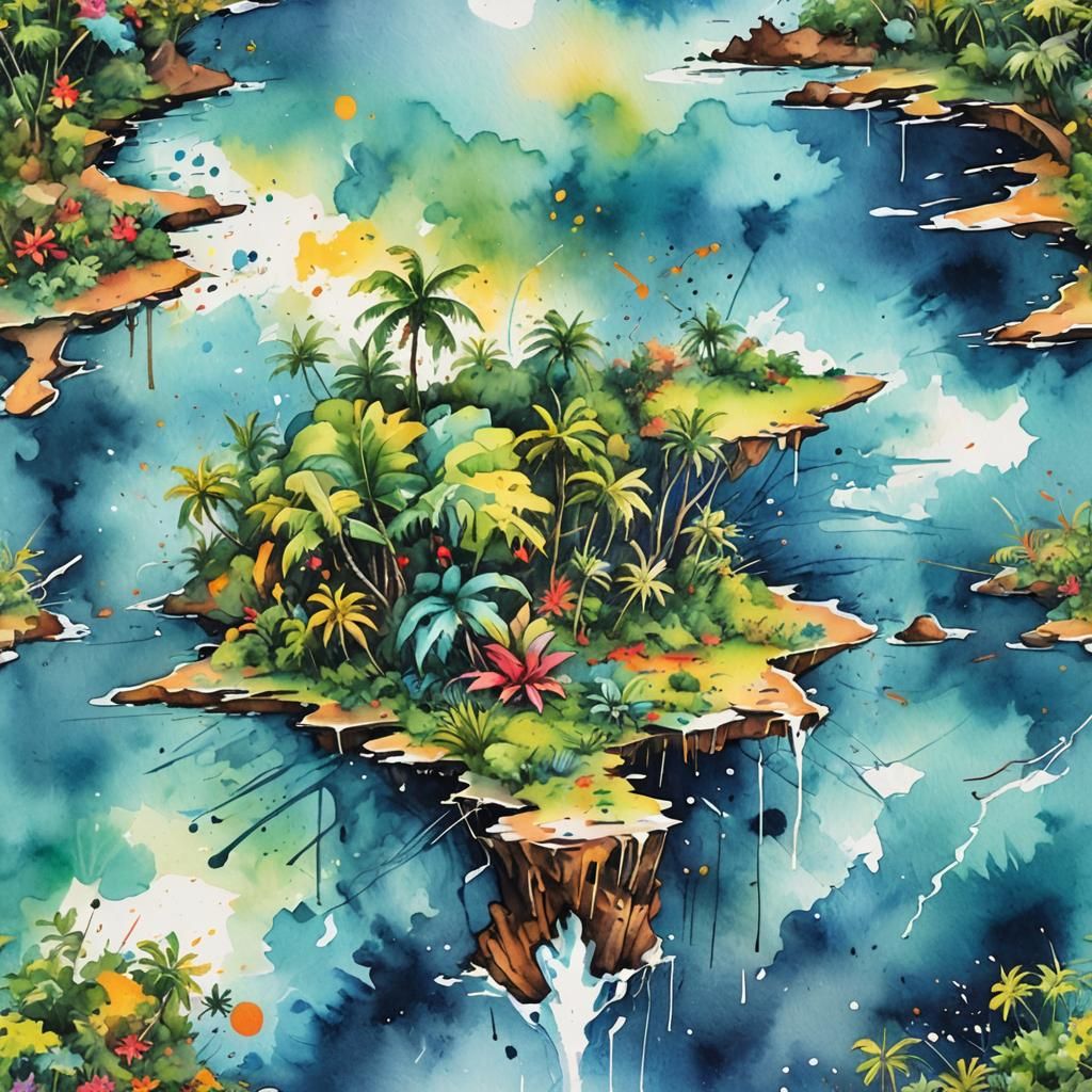 Tropical Island Watercolor Graffiti Art in Polychromatic Sty...