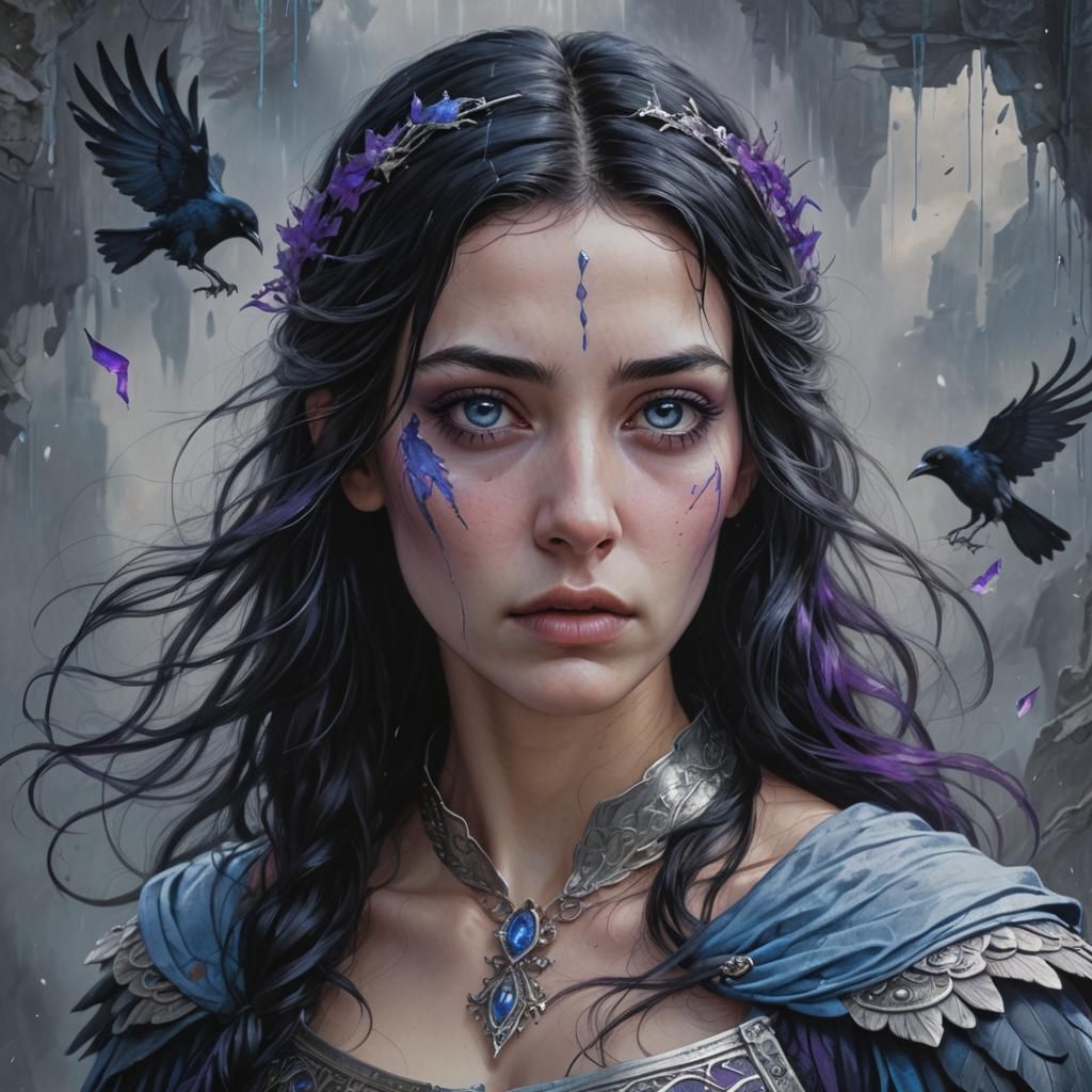 A medieval woman with raven black hair with silver streaks r...