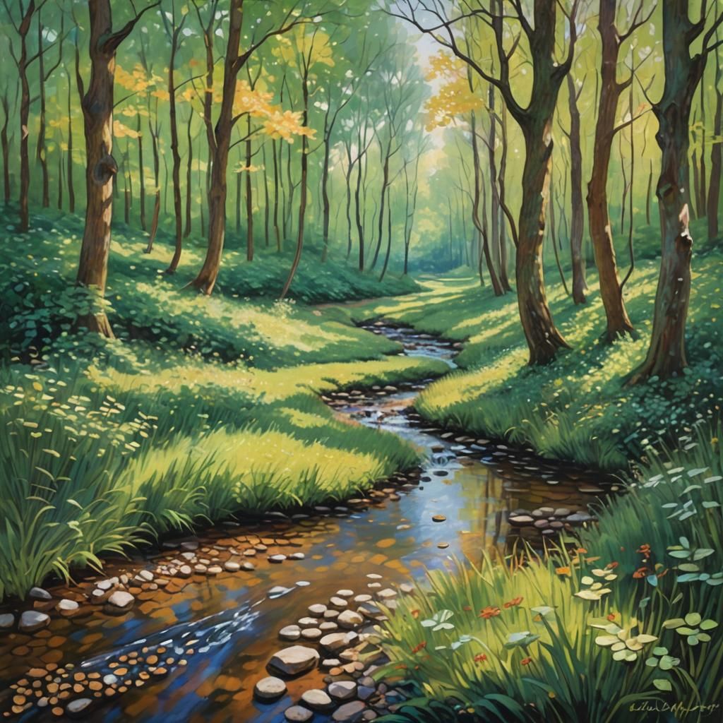 Impressionistic Forest Stream Landscape Painting